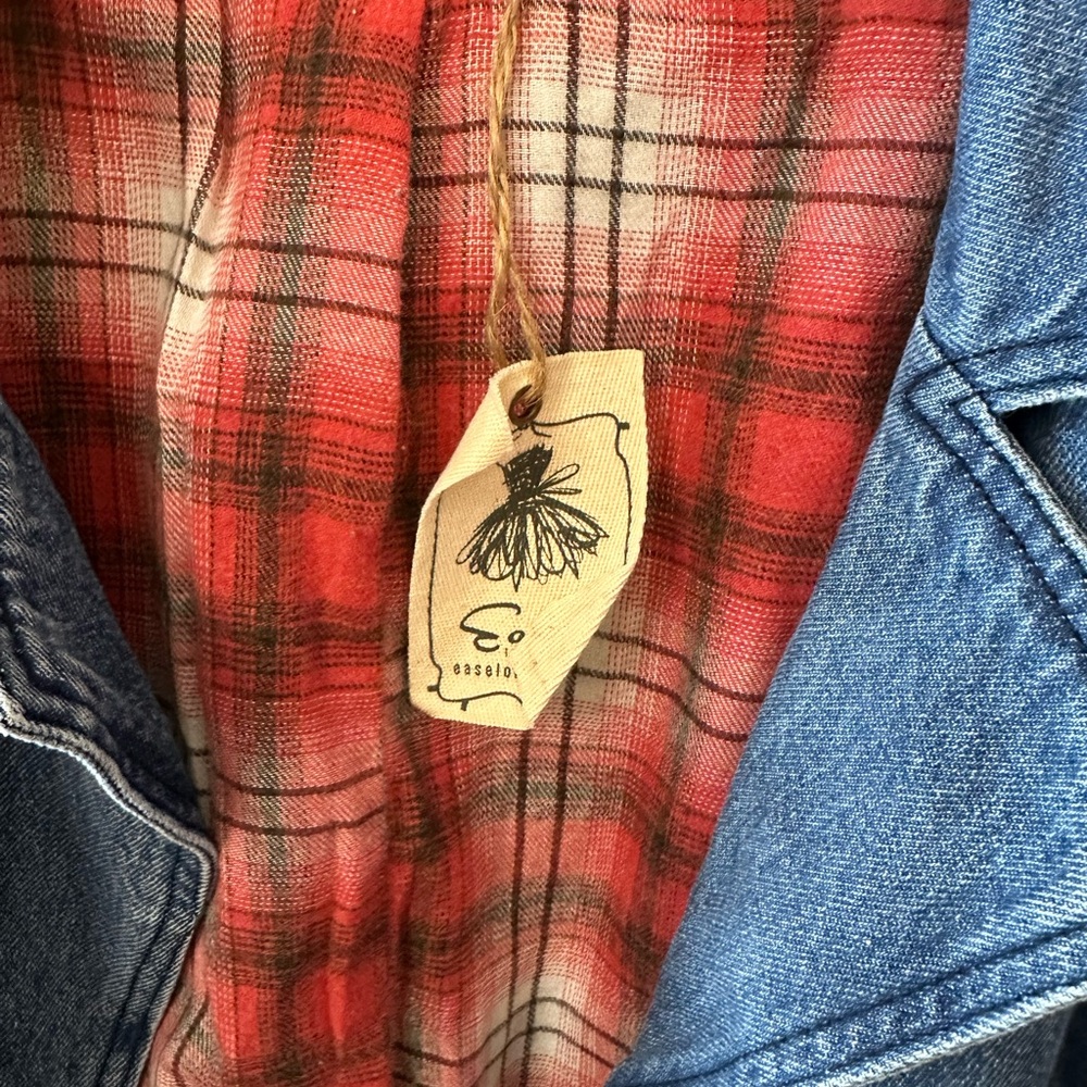easel Blue Distressed Denim Jacket with Red Plaid Lining - Picture 5 of 7